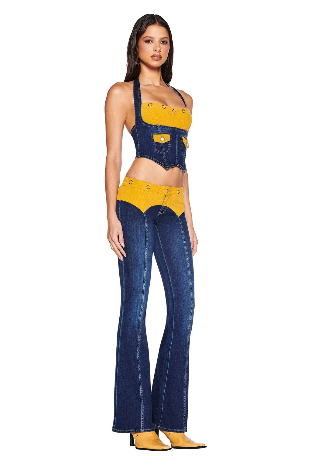 Women's Denim Corset Halter Top & Patchwork Jeans 2-Piece Set