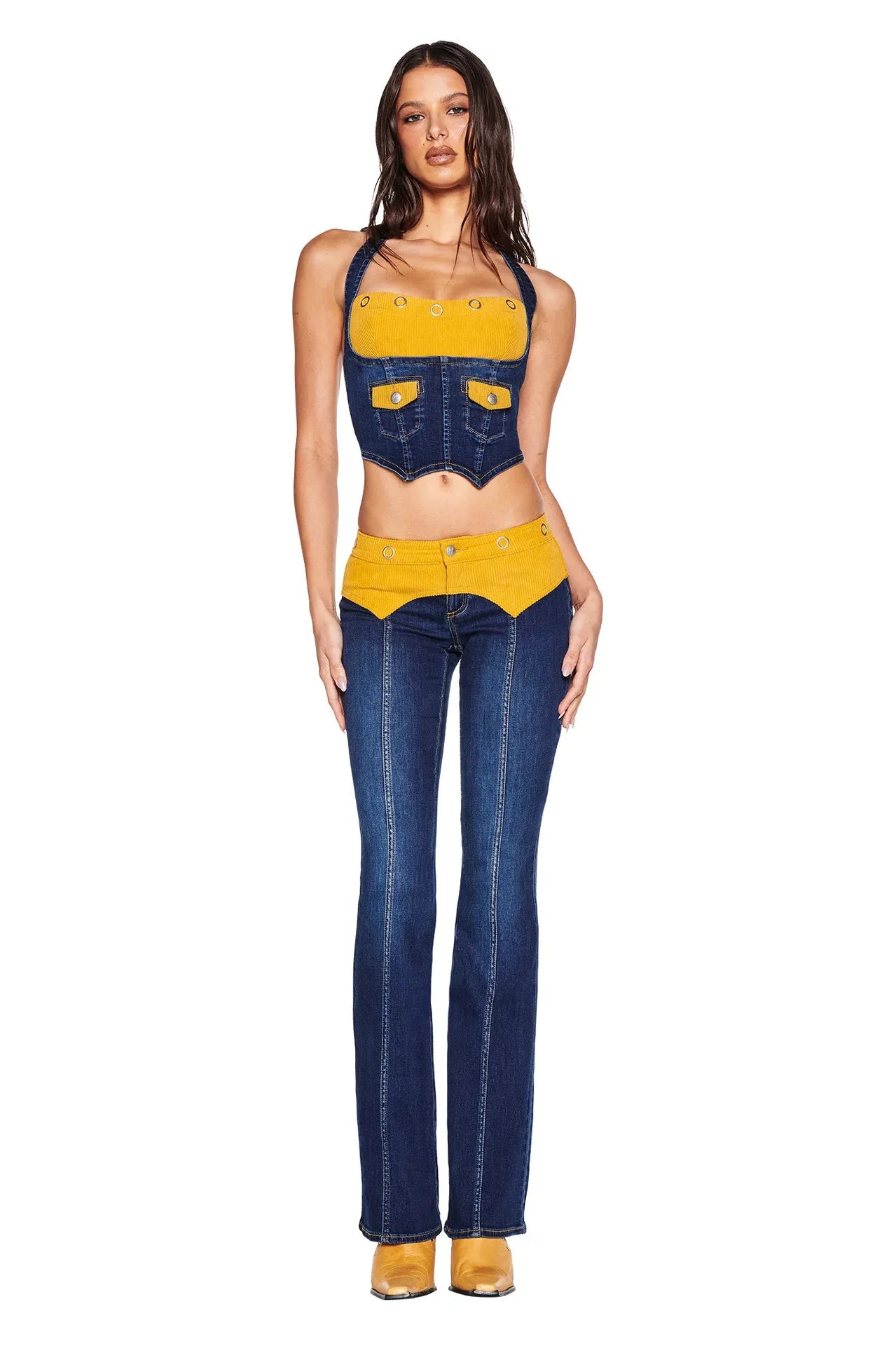 Women's Denim Corset Halter Top & Patchwork Jeans 2-Piece Set