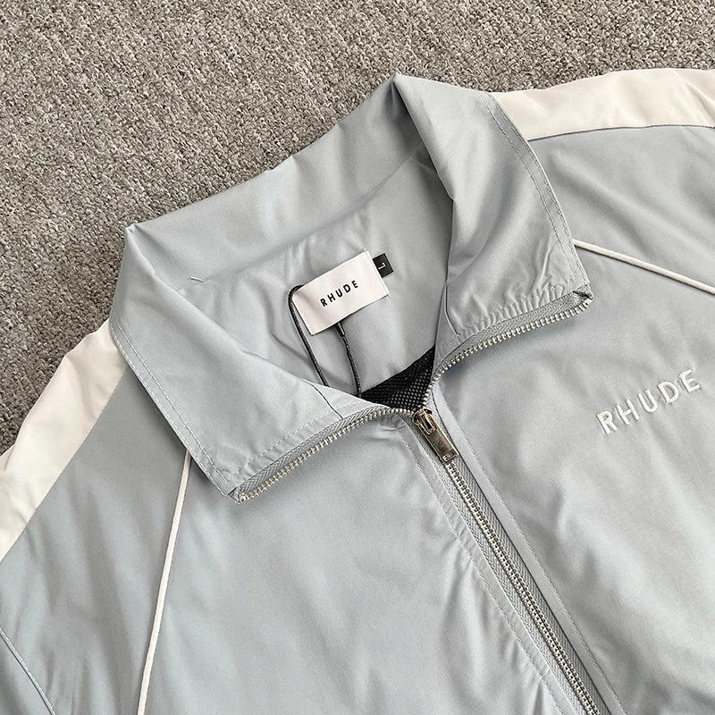 2026 New RHUDE Men's Style Embroidered Letter High Quality Stand Up Collar Windbreaker Pants Fashion Set