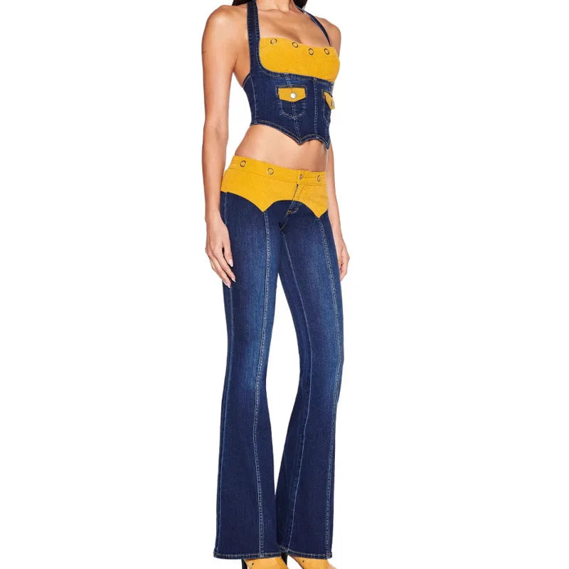 Women's Denim Corset Halter Top & Patchwork Jeans 2-Piece Set