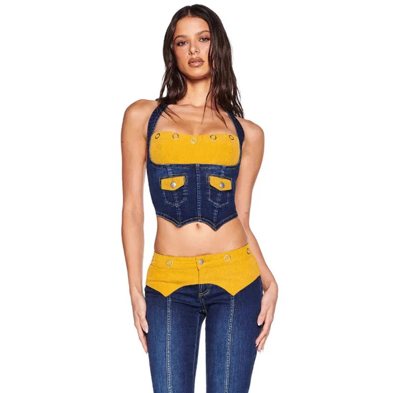 Women's Denim Corset Halter Top & Patchwork Jeans 2-Piece Set