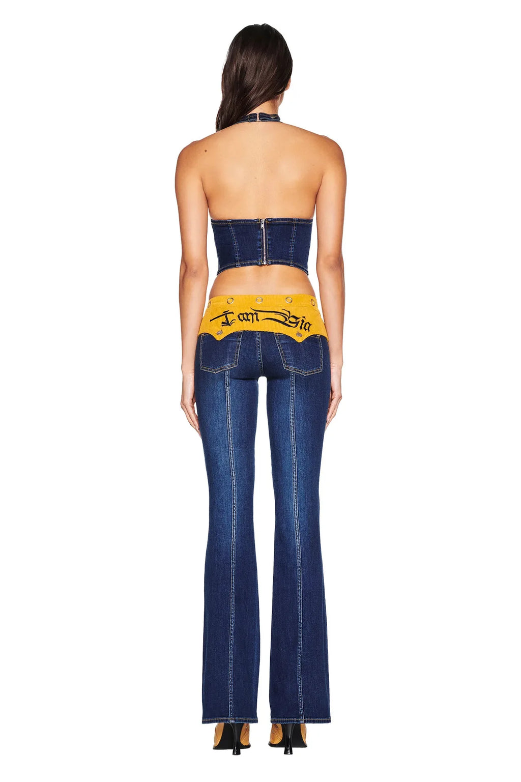 Women's Denim Corset Halter Top & Patchwork Jeans 2-Piece Set