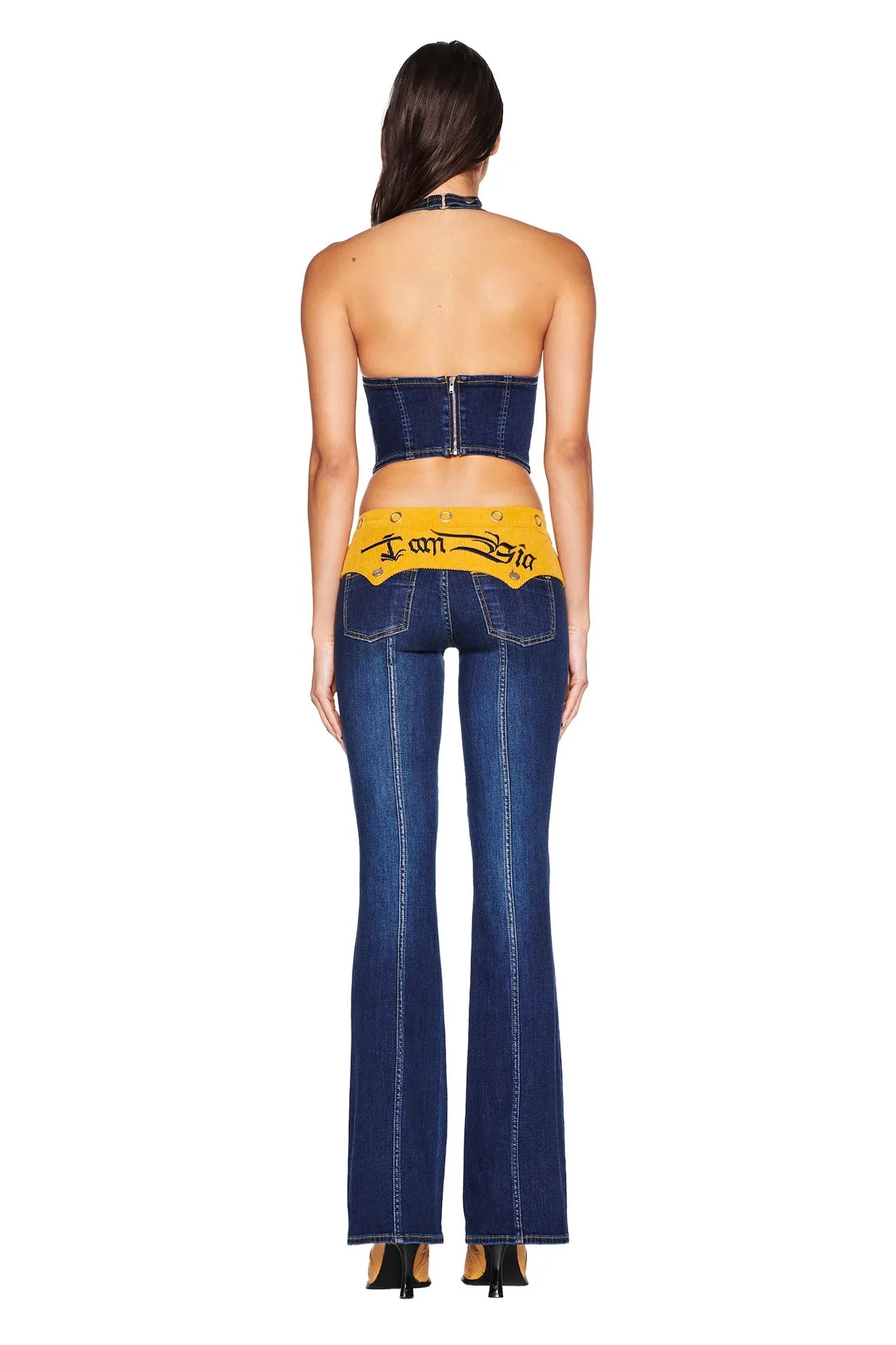 Women's Denim Corset Halter Top & Patchwork Jeans 2-Piece Set